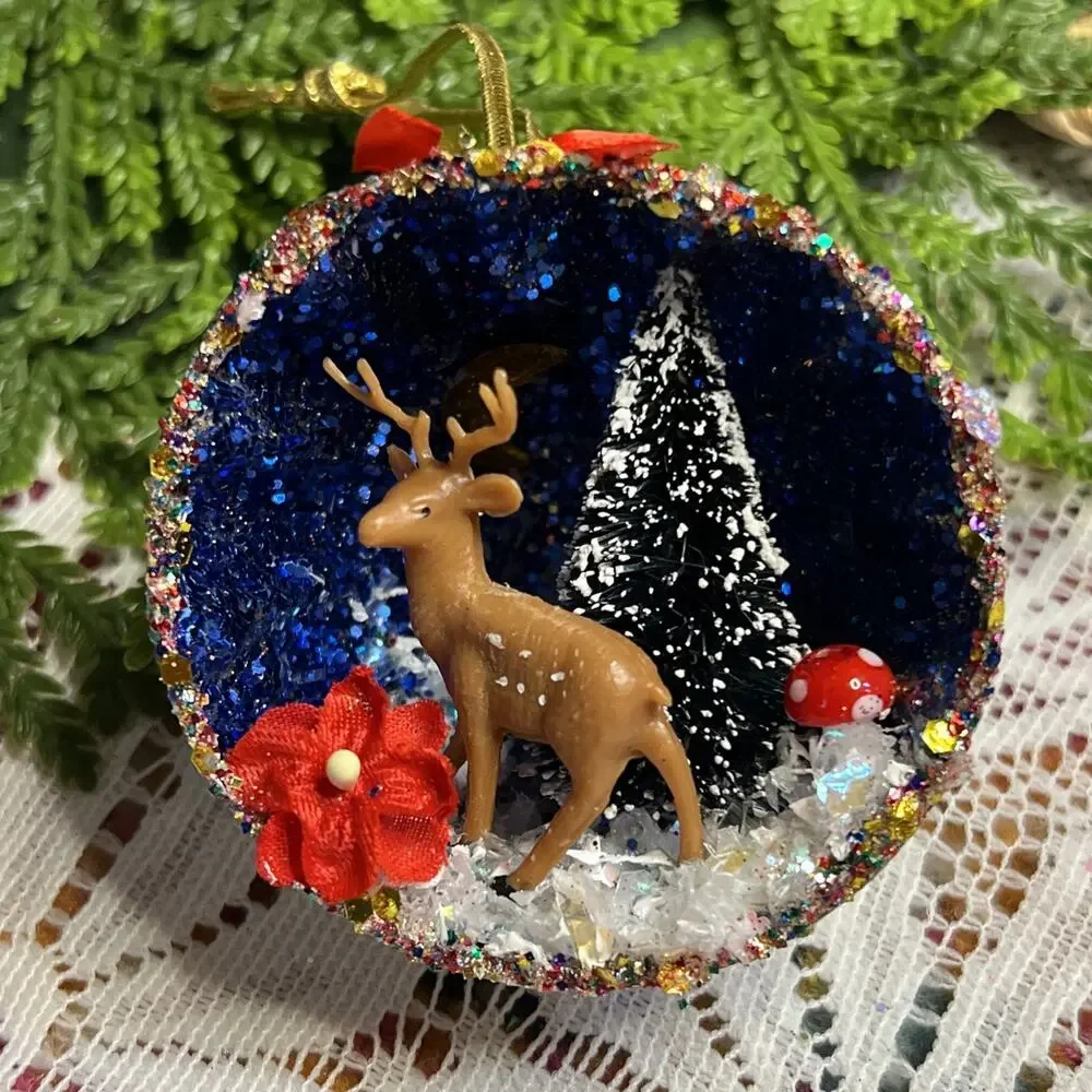 Vintage Round Tart Tin Deer Tree Mushroom Diorama Mid Century Reindeer Ornament
